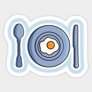 Fried Egg in Plate with Spoon and Knife vector illustration. Breakfast food icon concept. Plate, Spoon and Knife up view on blue background vector design. Sticker